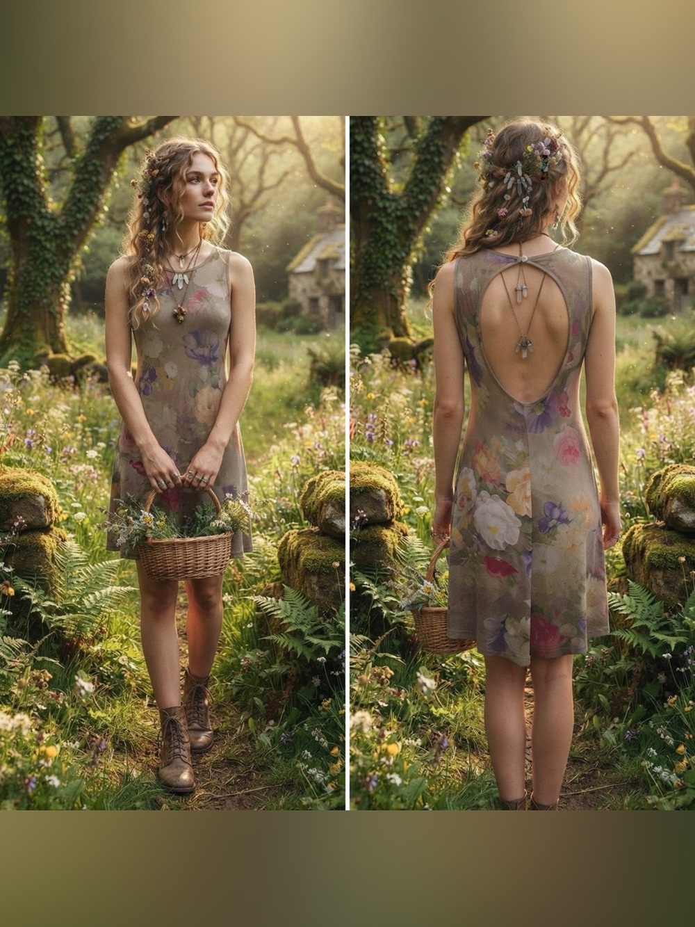 Vintage Barbara Lesser M Fawn Floral Cottagecore Romantic Open Back Fairy Dress